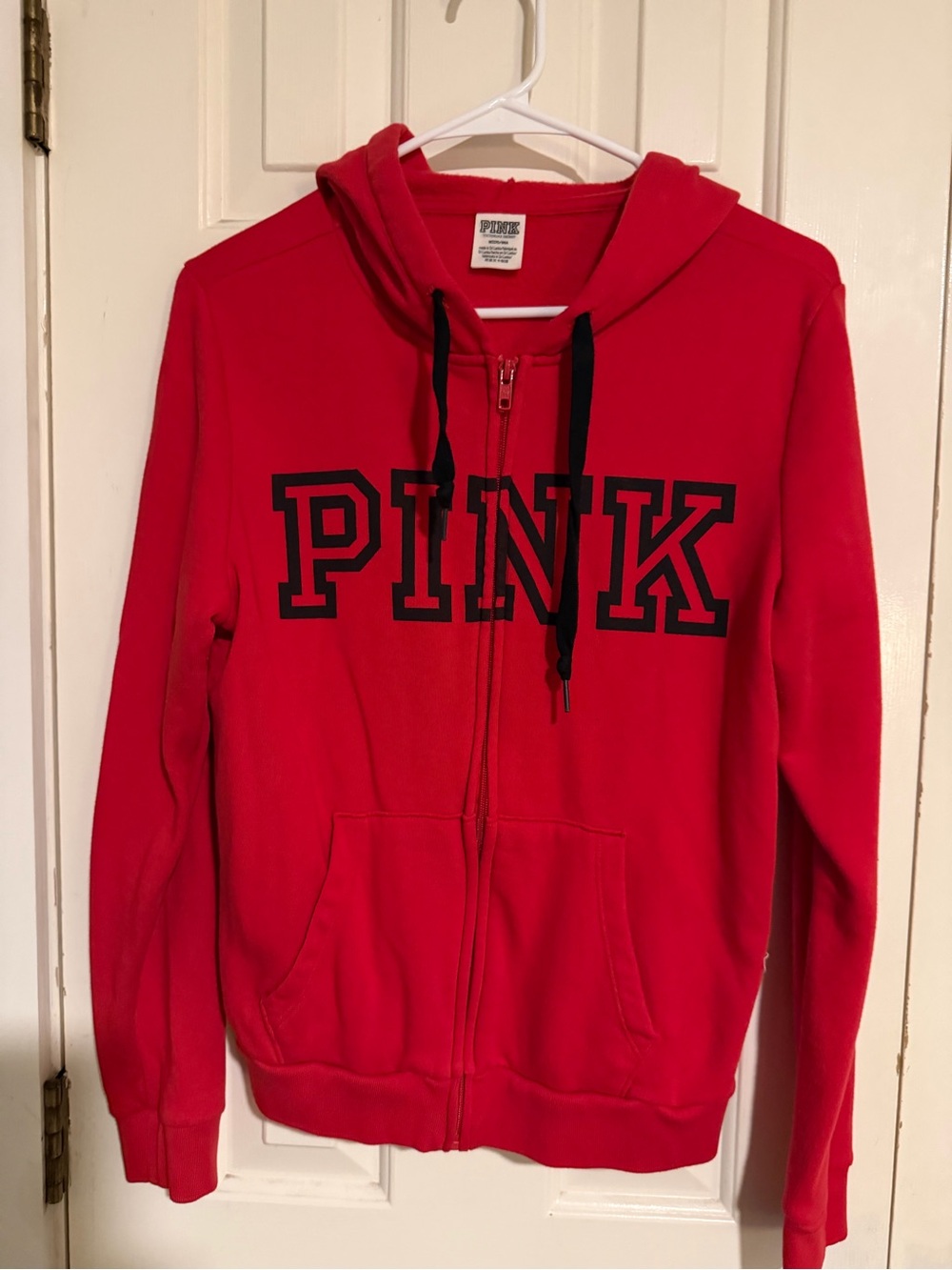 PINK Victoria's Secret Red Zip-Up Hoodie with Black Lettering